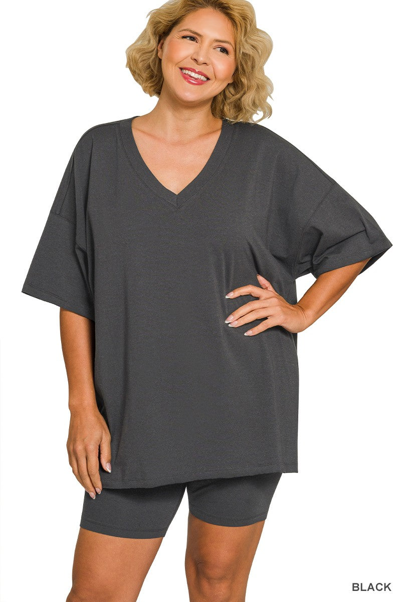 Plus Cotton V-neck Top & Biker Shorts Set (3 Colors)