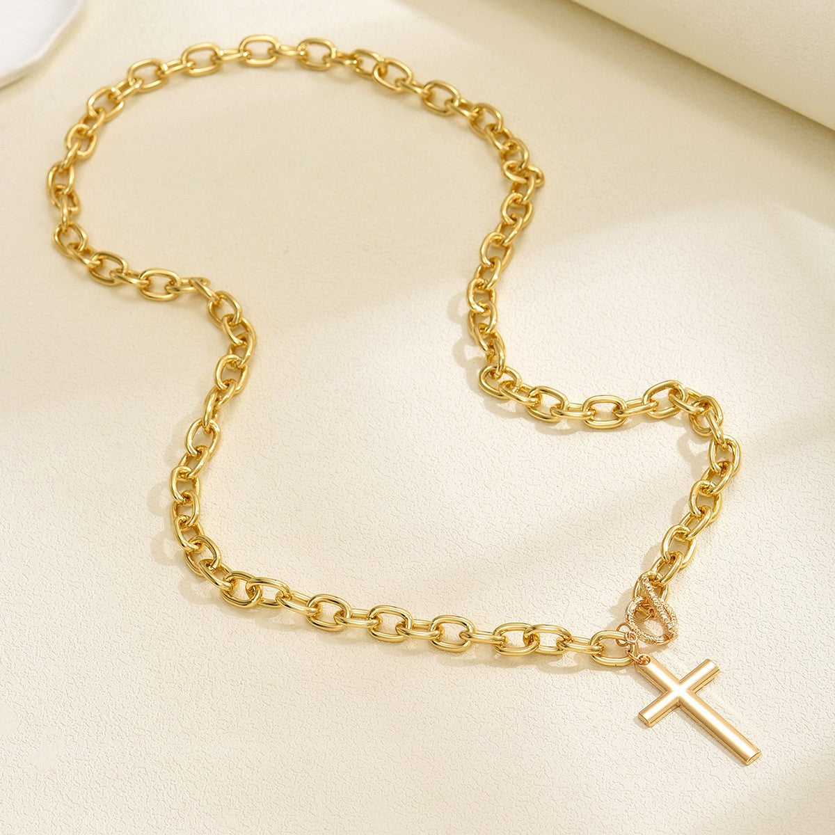 Puffy Cross Chunky Chain Statement Toggle Necklace