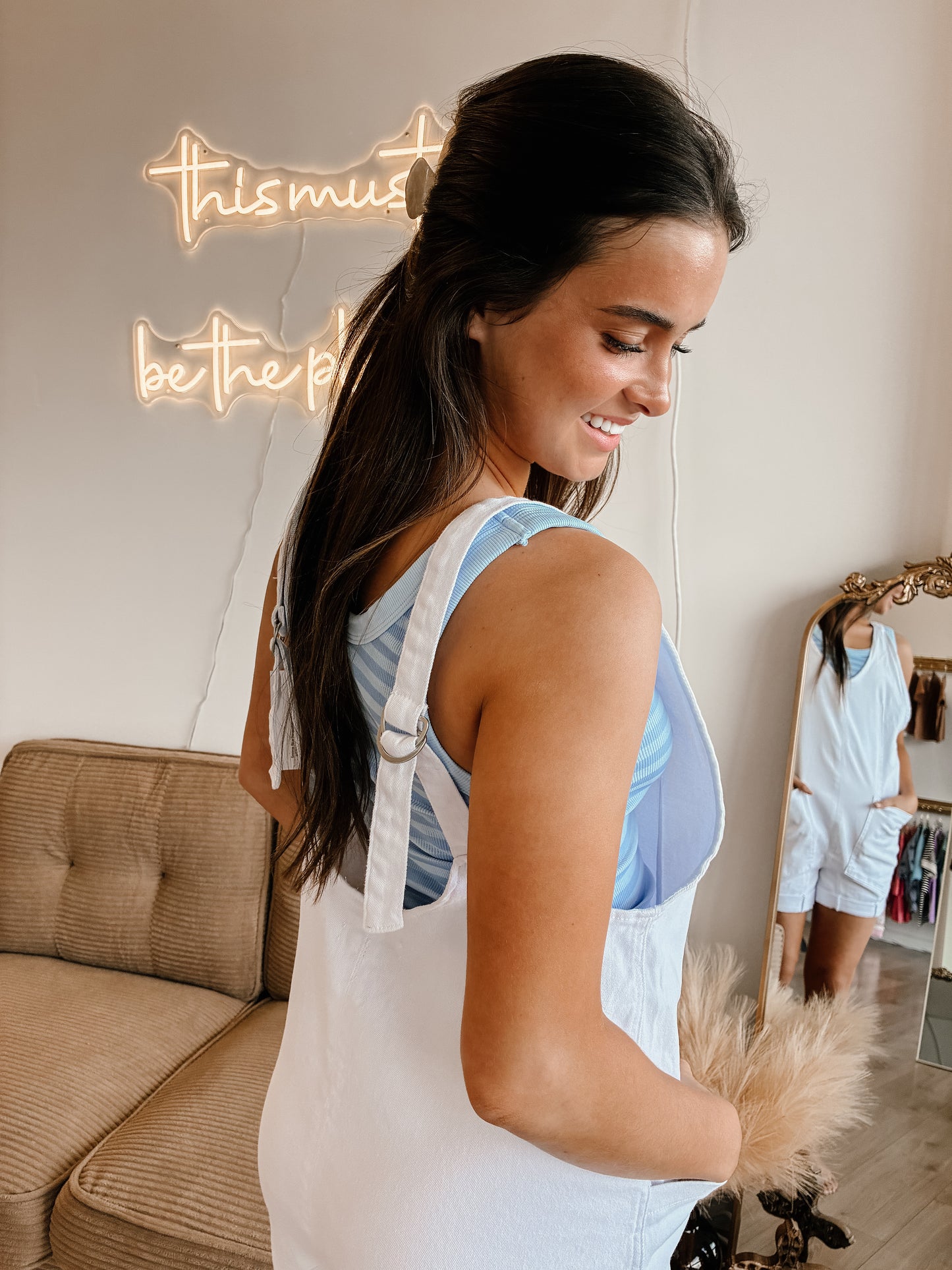Washed Adjustable Strap Romper Denim With Pocket