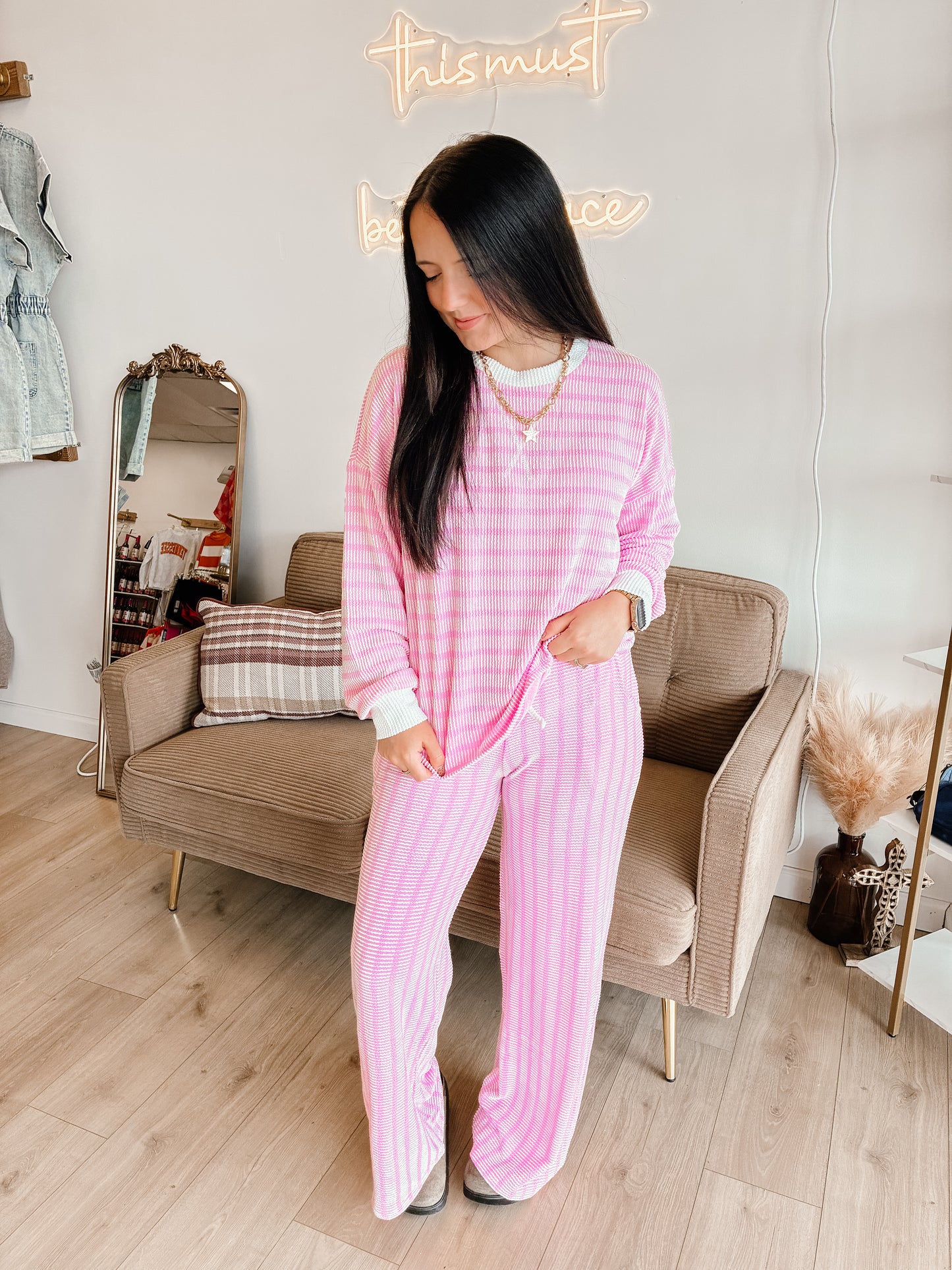 Striped Up Raised Rib Pants Set - Candy Pink