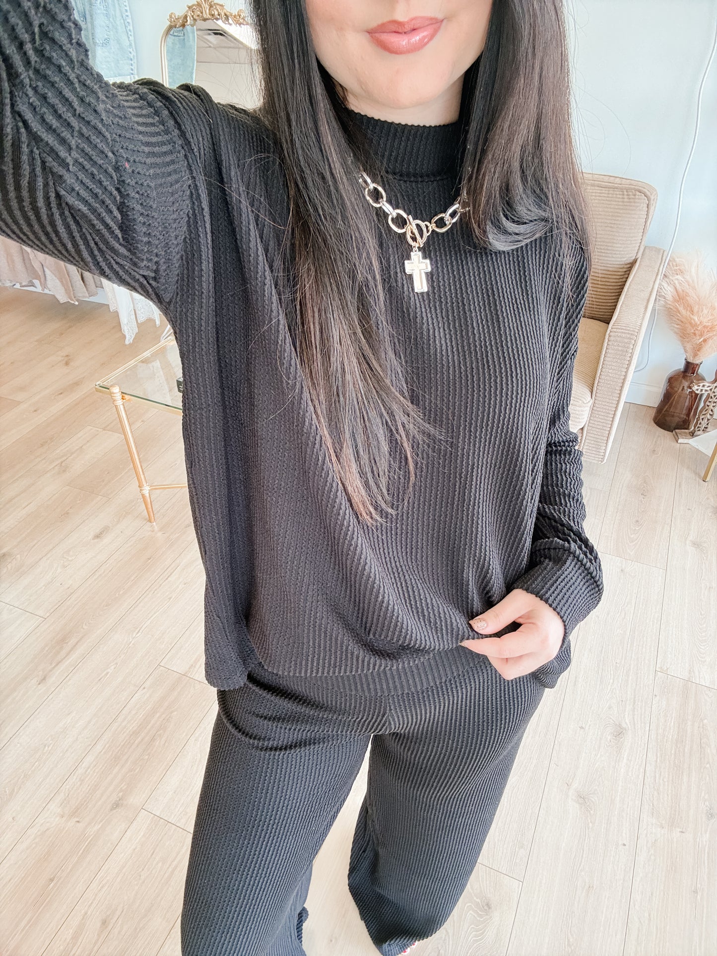 Mock Neck Raised Rib Pants Set - Black