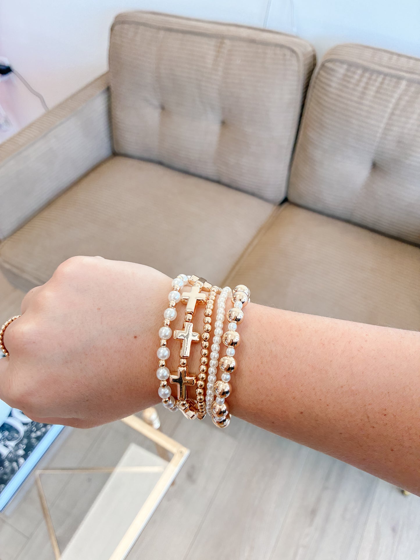 Gold Pearl & Cross Bracelet Stack