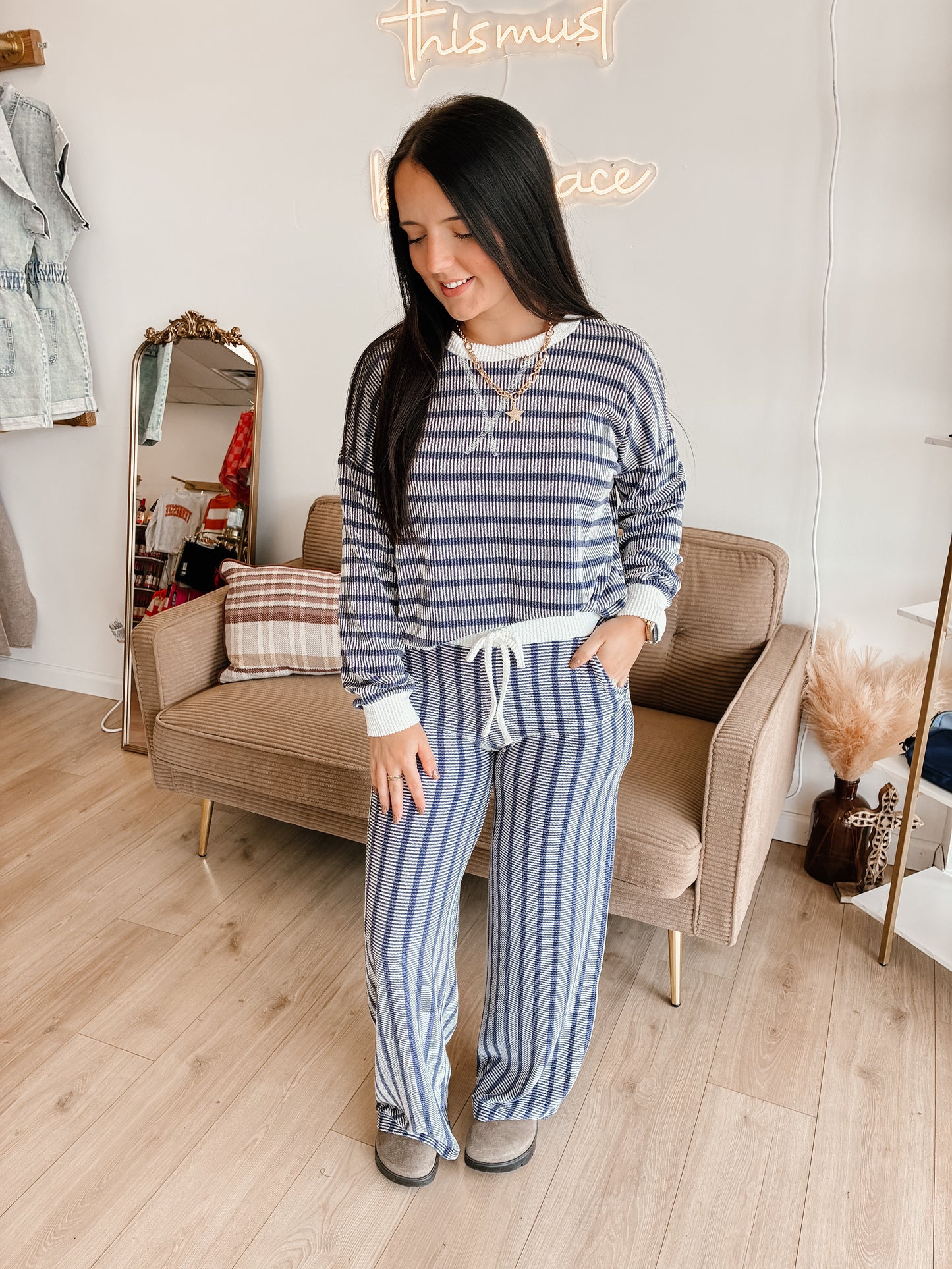 Striped Up Raised Rib Pants Set - Navy