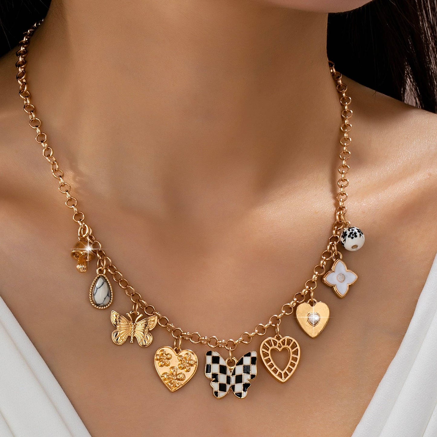Charm Necklace-Hearts & Checker Butterflies