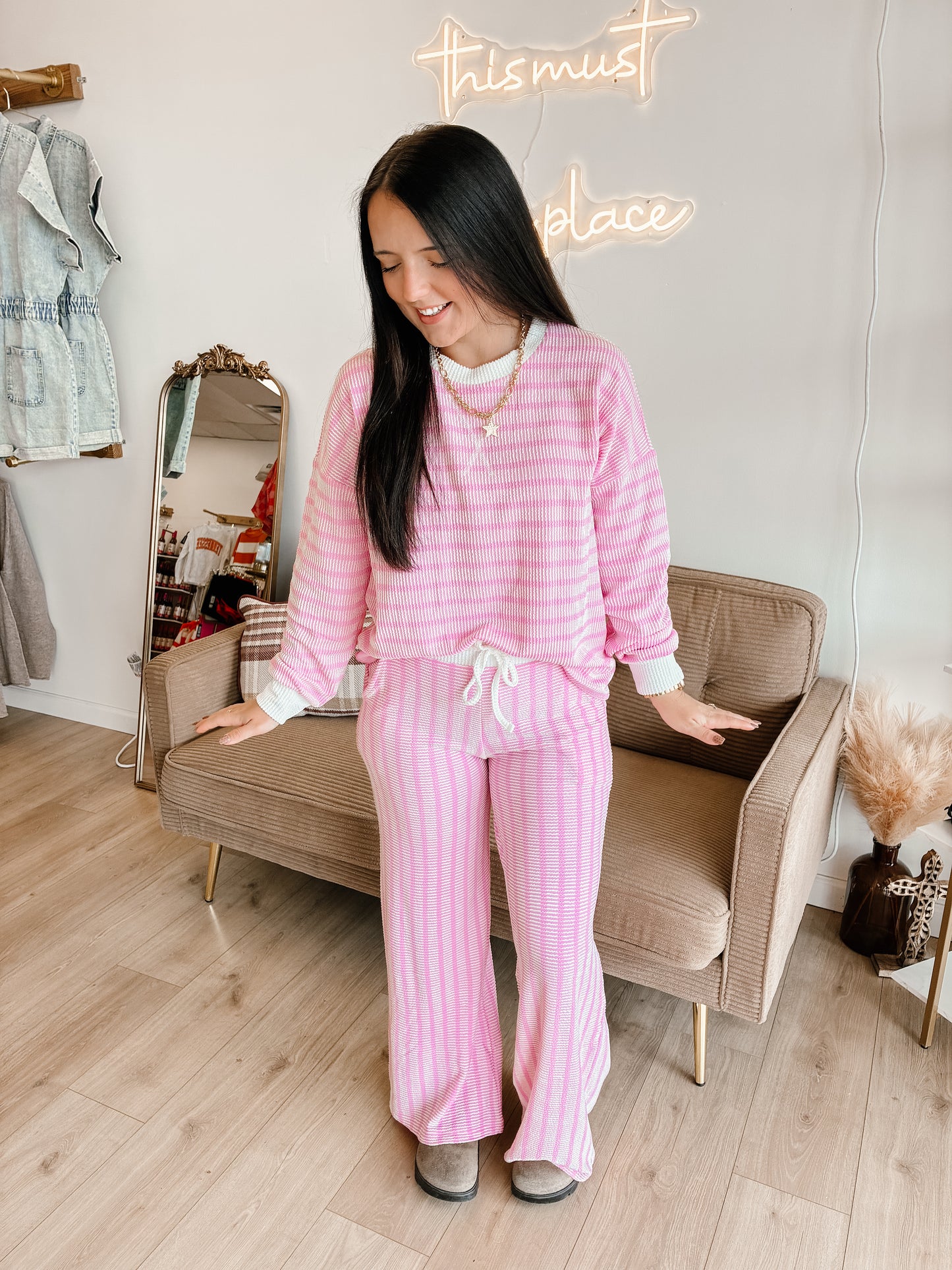 Striped Up Raised Rib Pants Set - Candy Pink