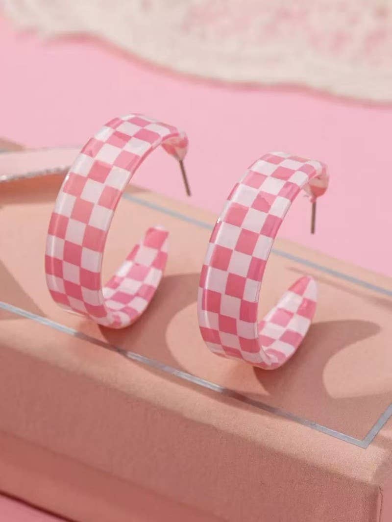 Retro Checkerboard Resin Hoop Earrings