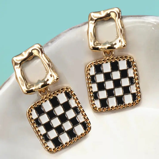 Double Square Cheker Drop Earrings