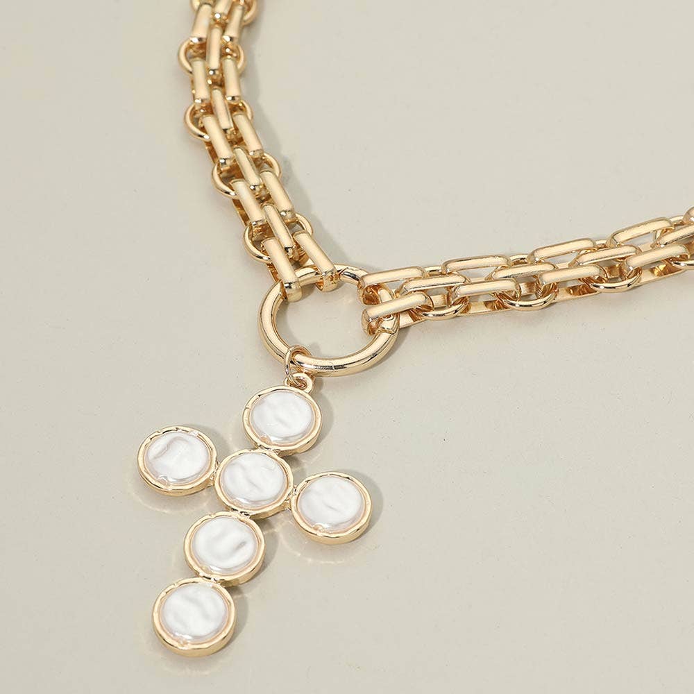 Pearl Cross Charm Chunky Necklace