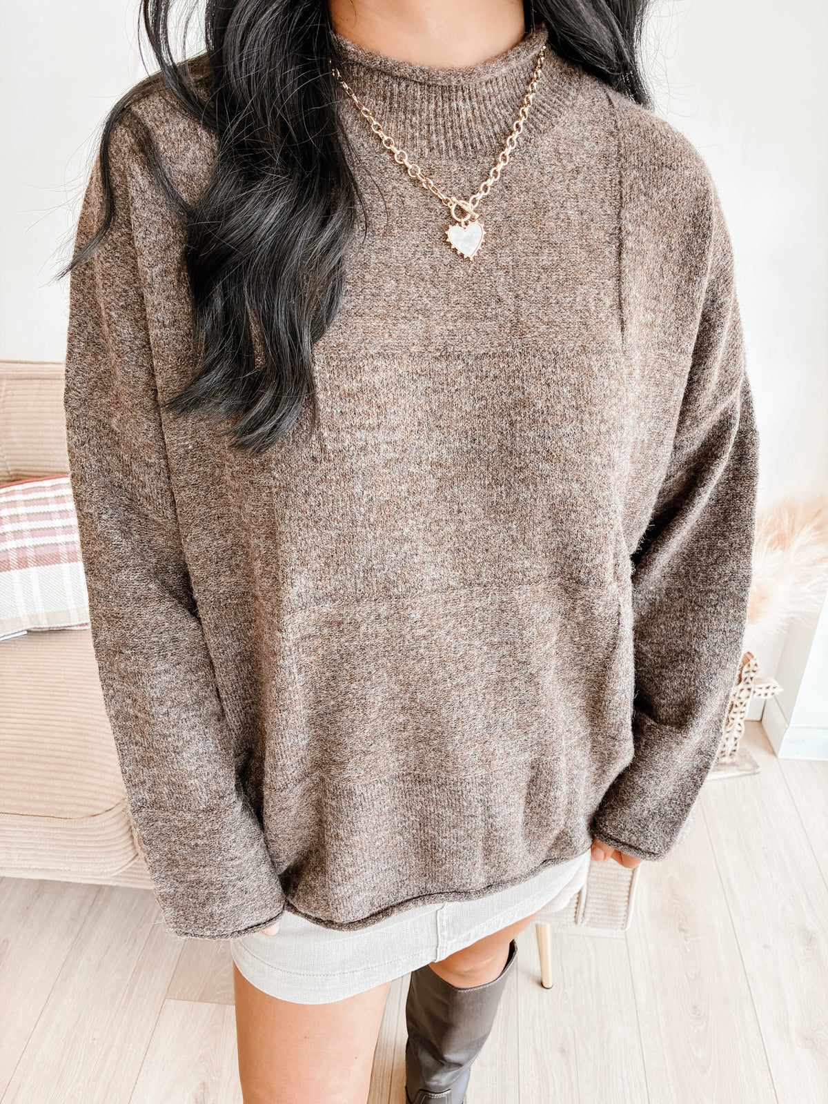 Crest Checker Mockneck Sweater - Brown
