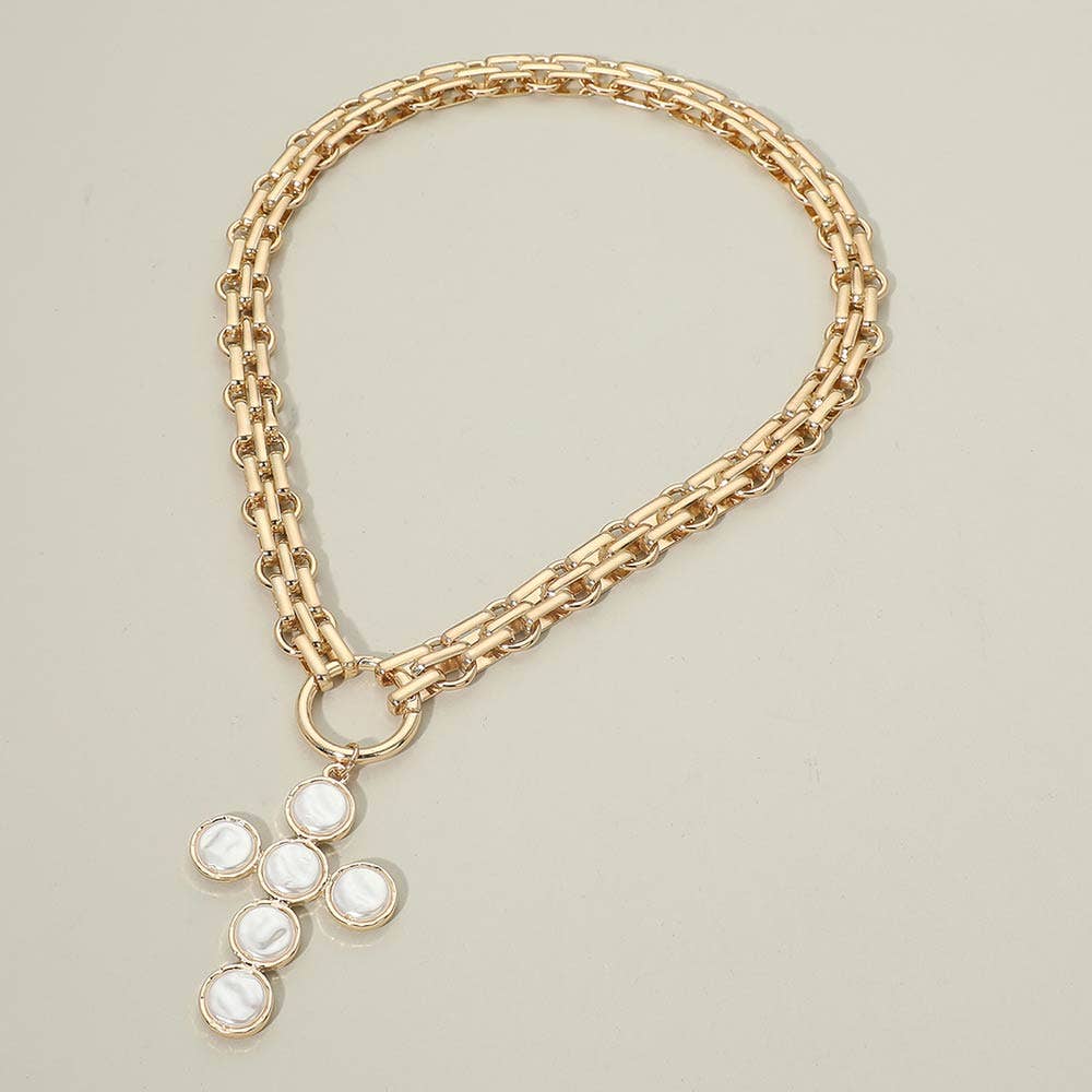 Pearl Cross Charm Chunky Necklace