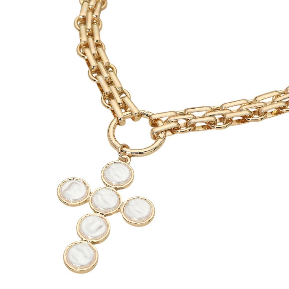 Pearl Cross Charm Chunky Necklace