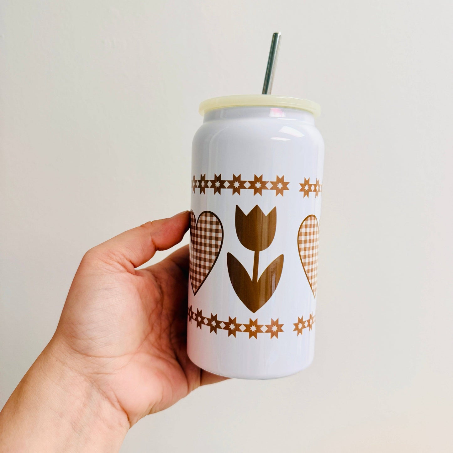 16 oz Stainless Steel Cup, 90's Country Hearts and Tulips Pattern