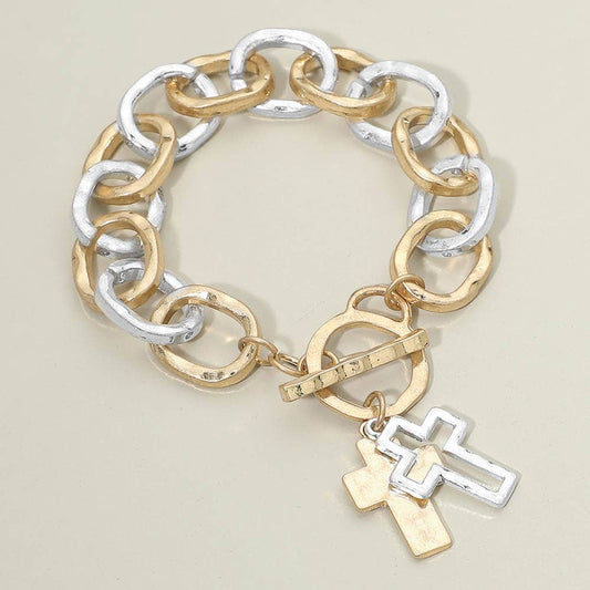 Mixed Metal Cross Toggle Bracelet