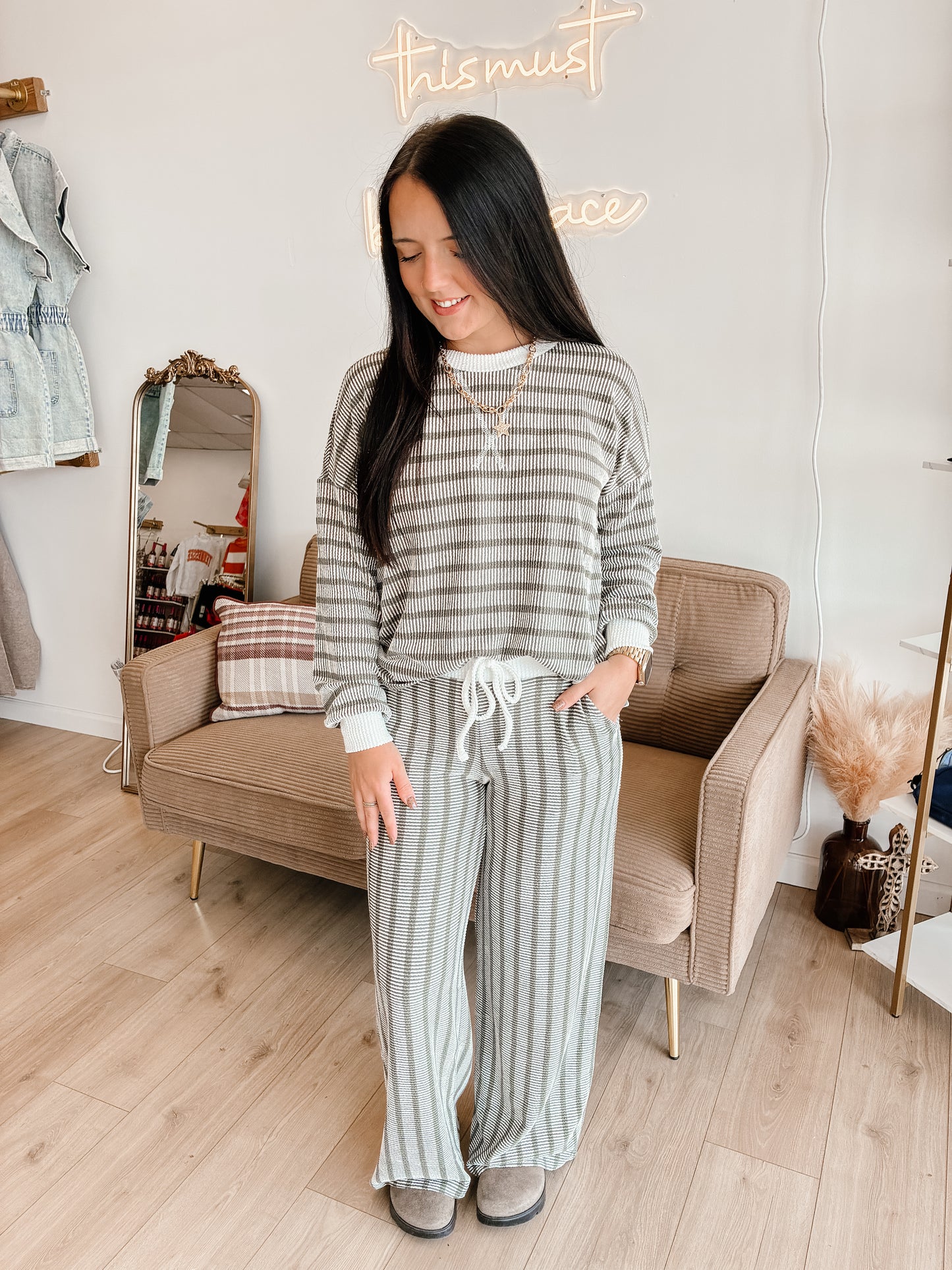 Striped Up Raised Rib Pants Set - Light Olive