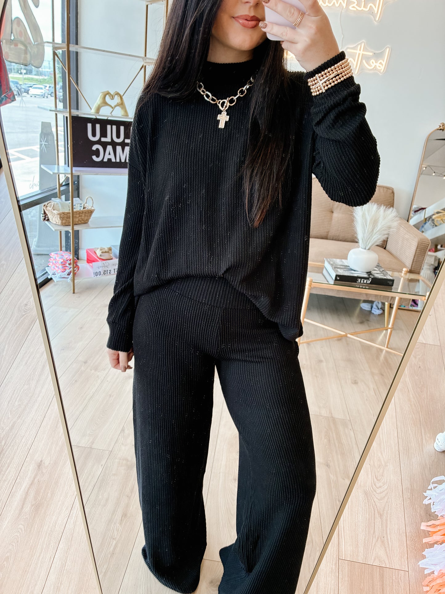 Mock Neck Raised Rib Pants Set - Black
