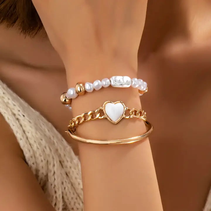 Rectangle Stone Heart Charm Multi Layer Bracelet