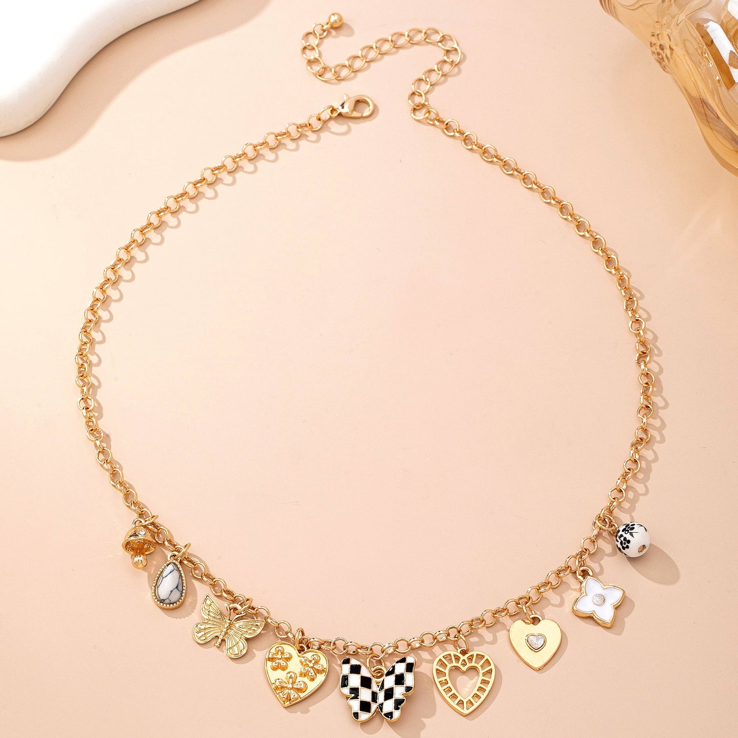 Charm Necklace-Hearts & Checker Butterflies