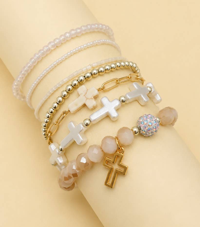 Cross Charm Beaded Bracelet Set