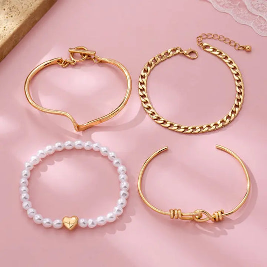 Gold Pearl Heart Charm Multi Bracelet Set