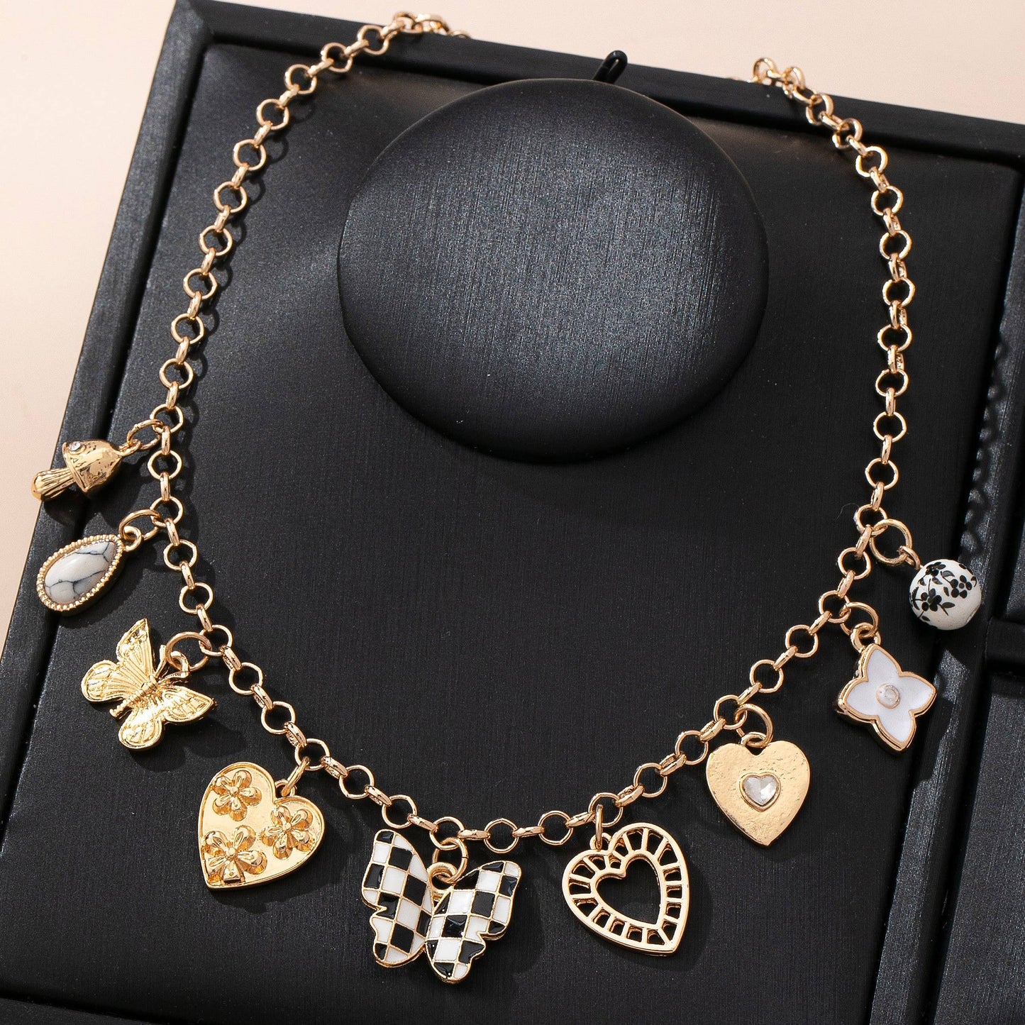 Charm Necklace-Hearts & Checker Butterflies