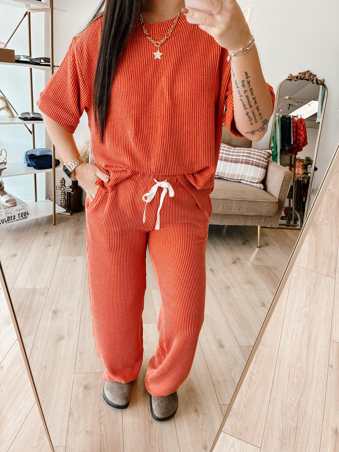 Raised Rib Short Sleeve Tee & Pants Set (7 colors)
