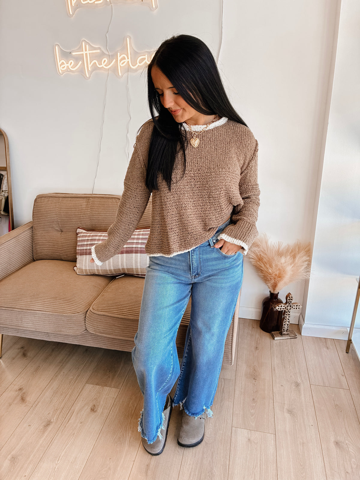 Iced Latte Contrast Sweater - Khaki