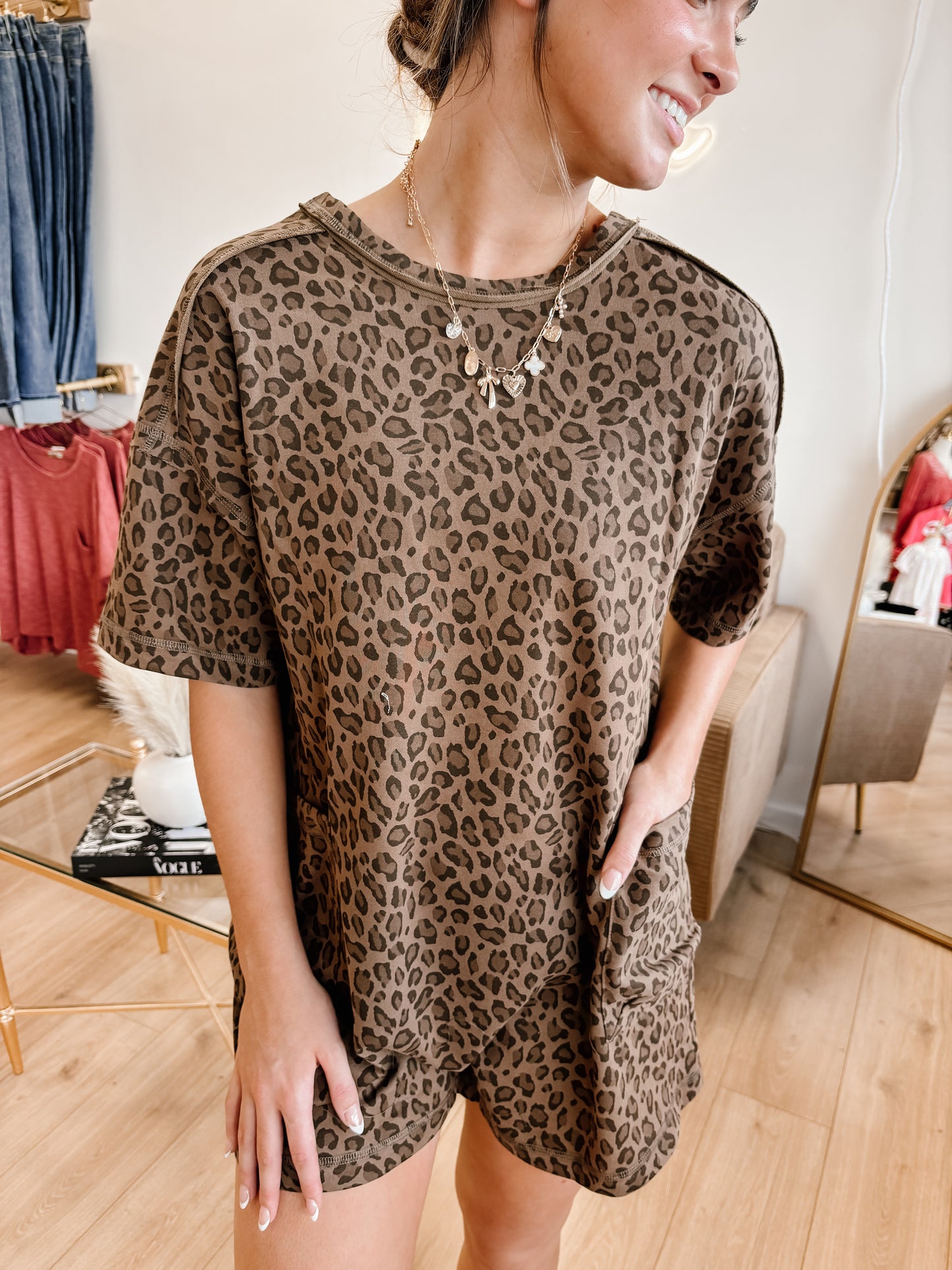 Leopard Printed Knit Comfy Romper