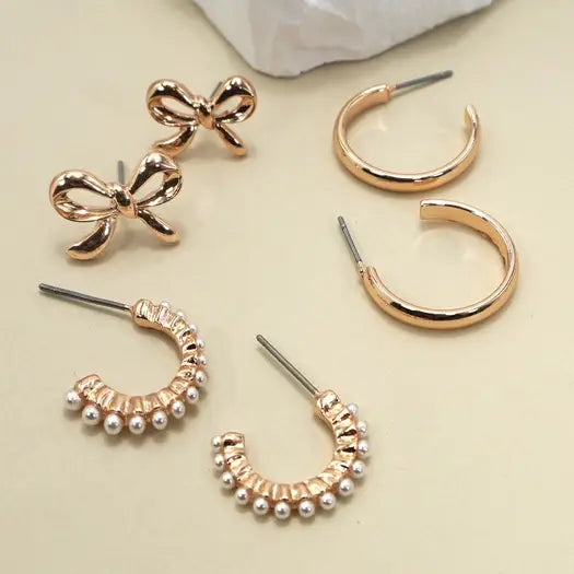 Bow Pearl Studded Gold Hoop Trio Earrings