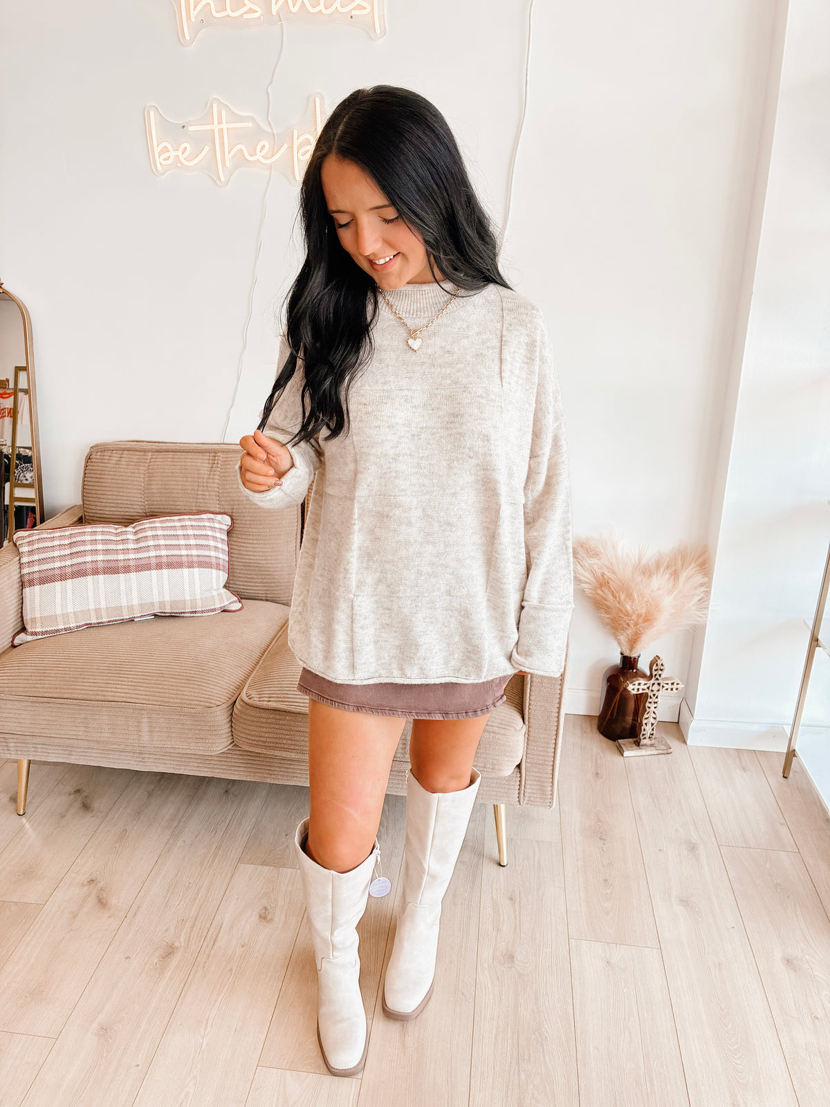 Crest Checker Mockneck Sweater - Oatmeal