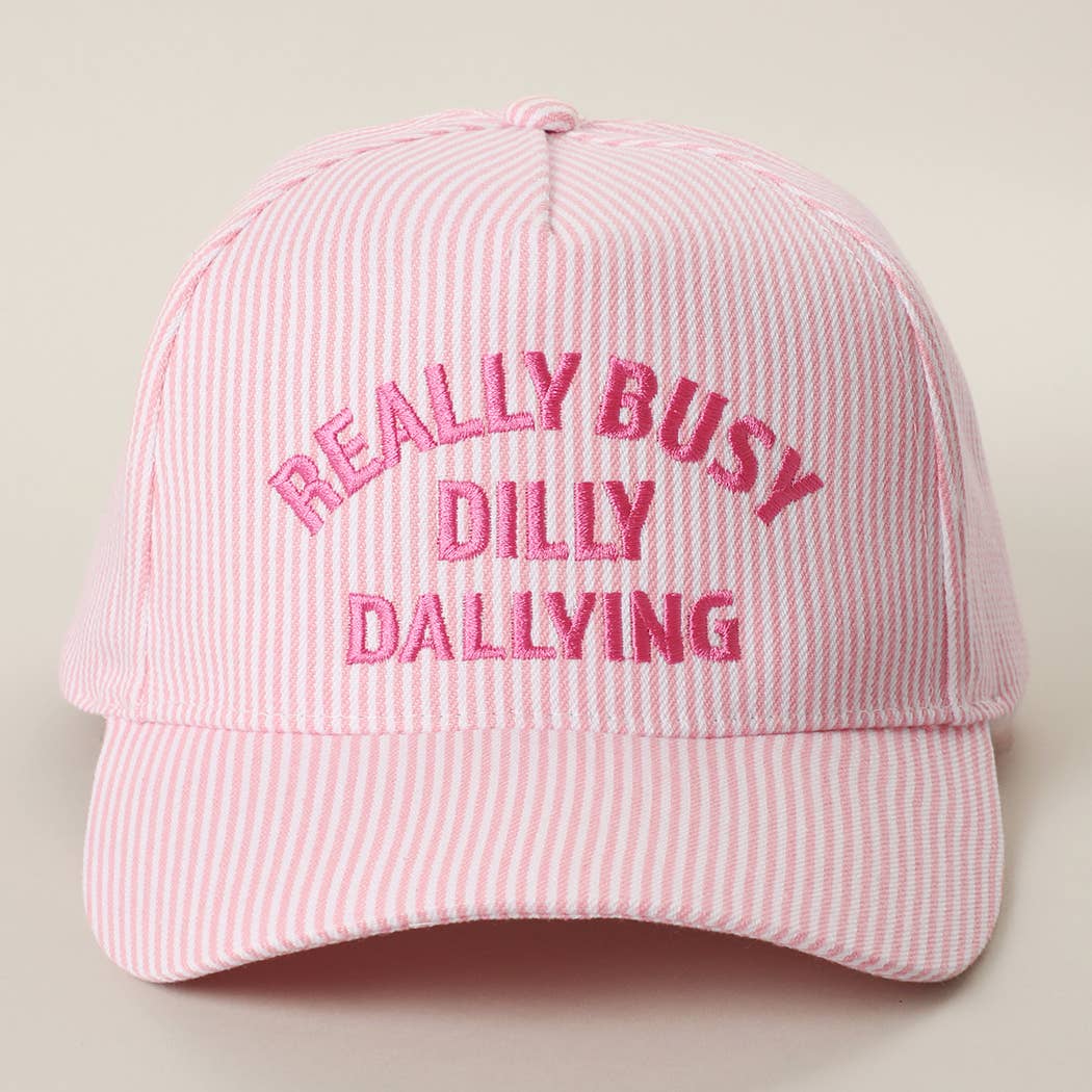 REALLY BUSY DILLY DALLYING Embroidered Seersucker Stripe Hat Pink