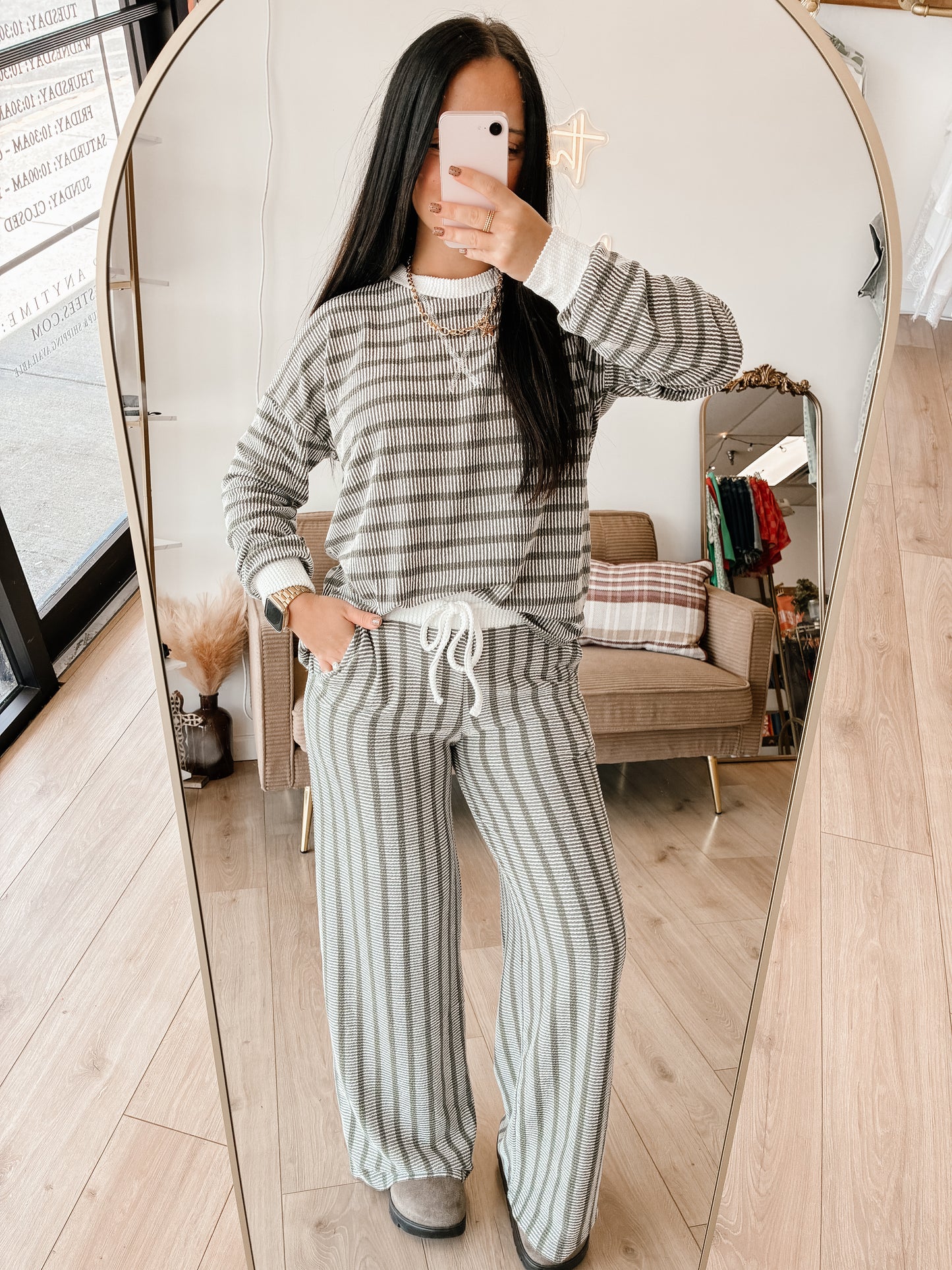 Striped Up Raised Rib Pants Set - Light Olive