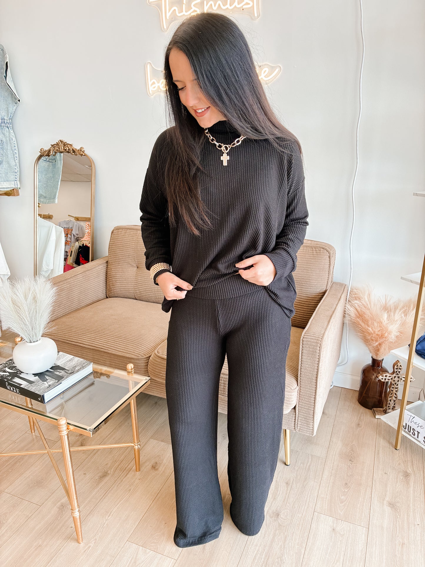 Mock Neck Raised Rib Pants Set - Black