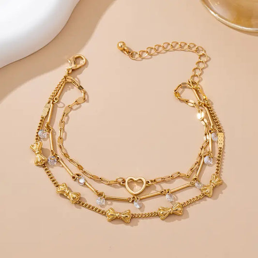 Crystal Drop Heart Bow Charm Multilayer Bracelet
