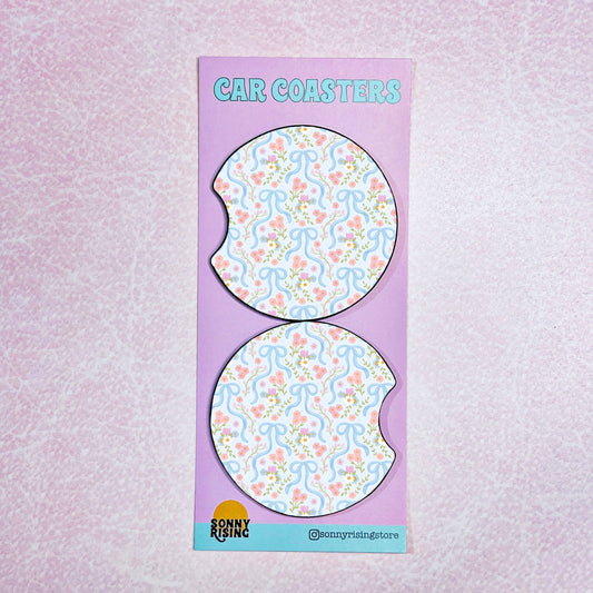 2 Car Coasters, Blue Bow Floral Pattern