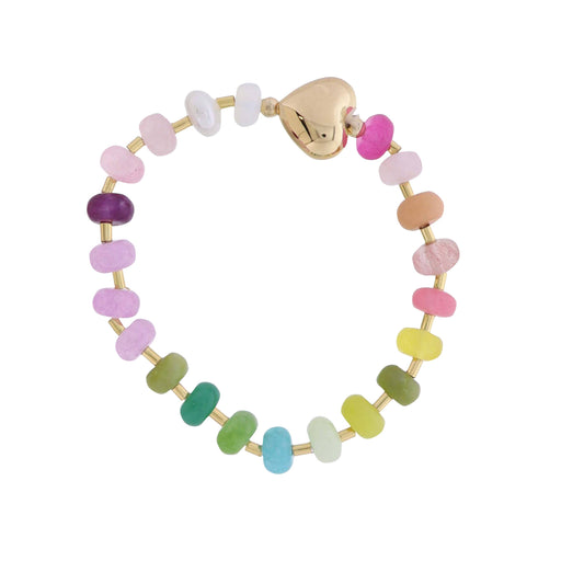 Glass Rondelle Beaded Stretch Bracelet with Gold Heart