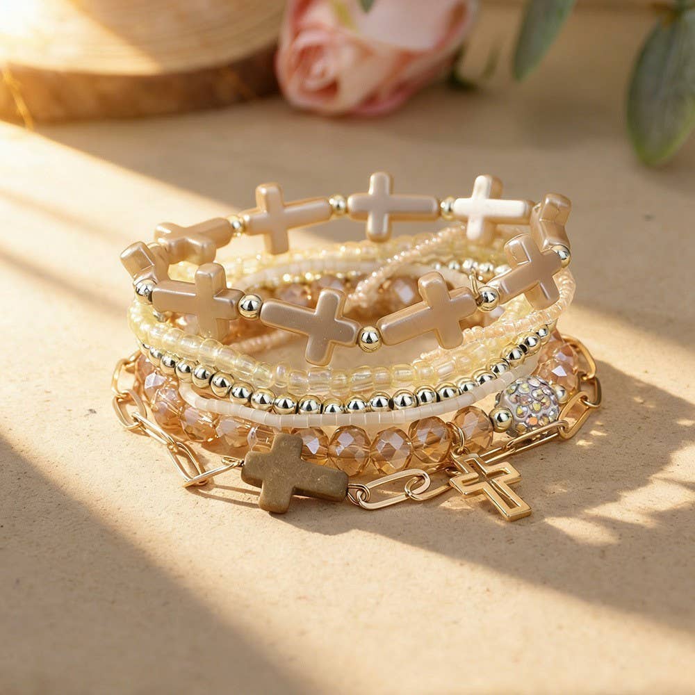 Cross Charm Beaded Bracelet Set