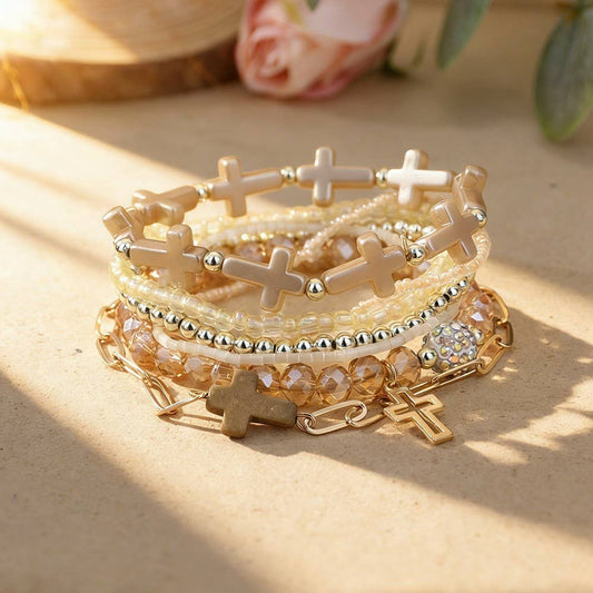 Cross Charm Beaded Bracelet Set