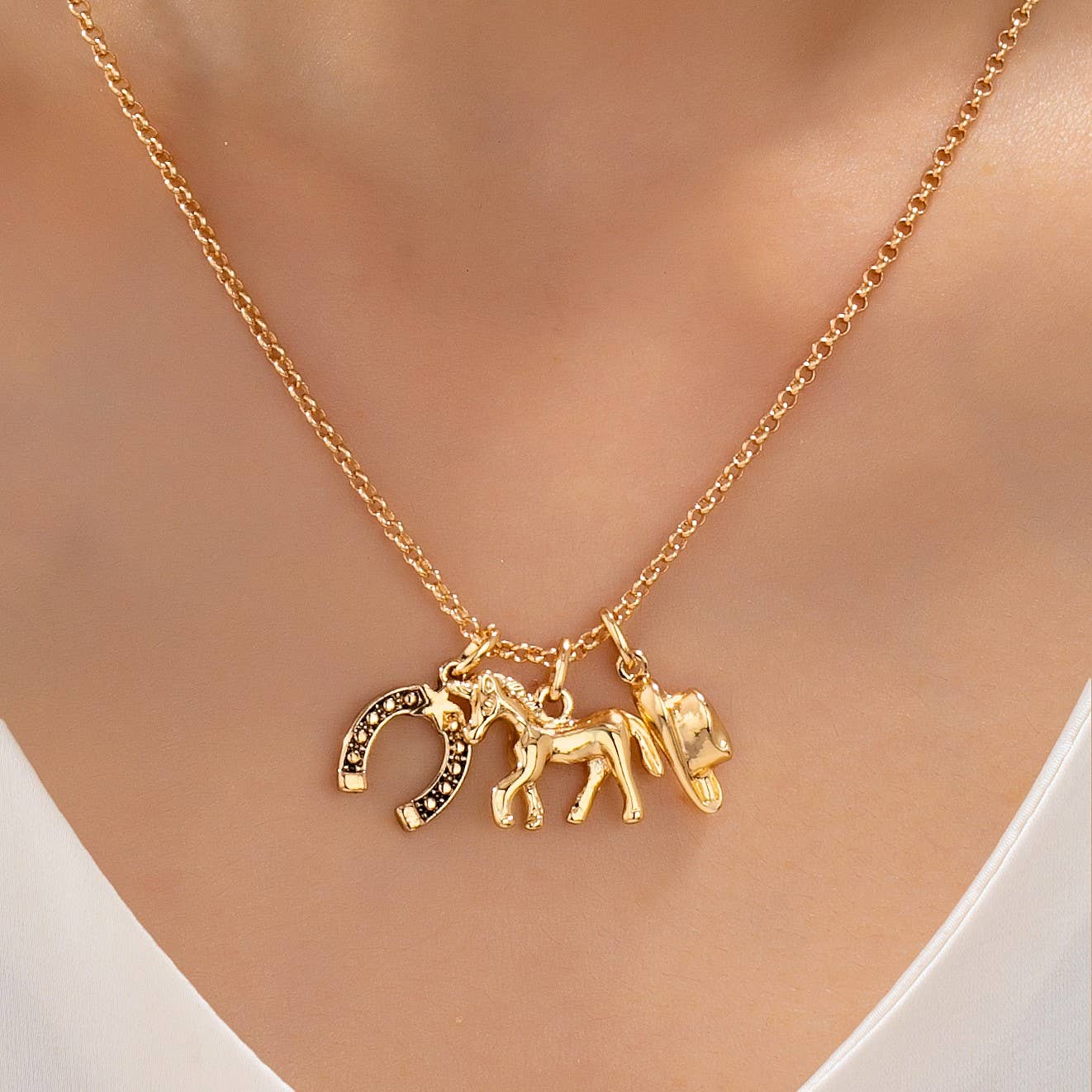 Galloping Horse and Horseshoe Charm Necklace