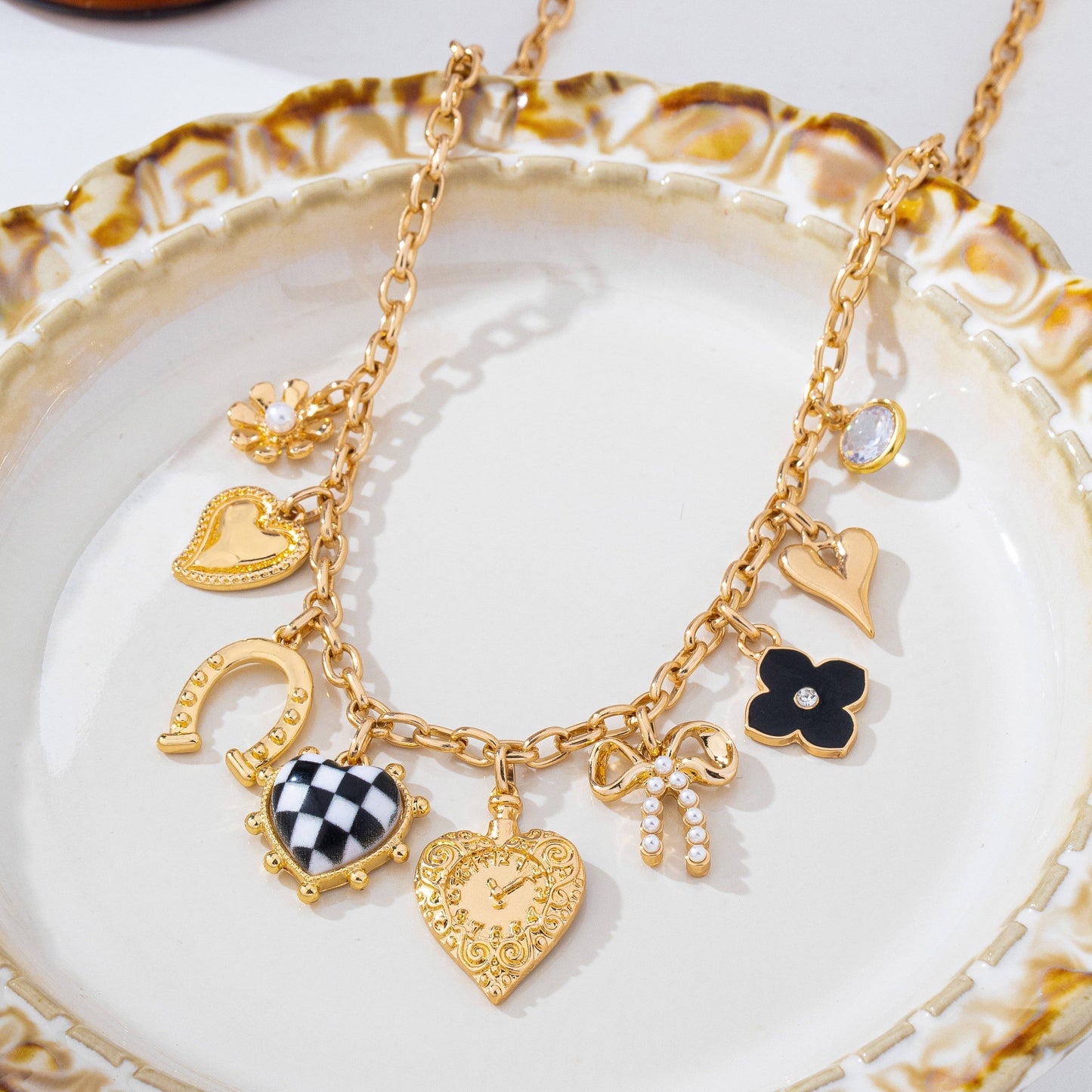 Checkered Heart Bow Multi-Charm Link Necklace