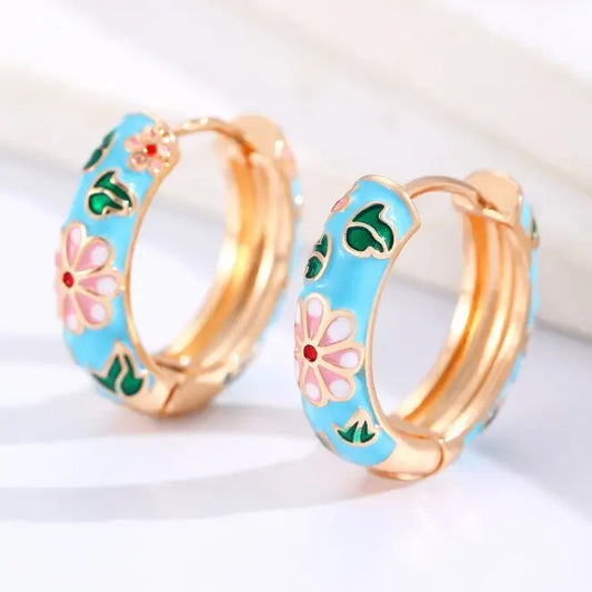 Vintage Cloisonne Enamel Floral Hoop Earrings