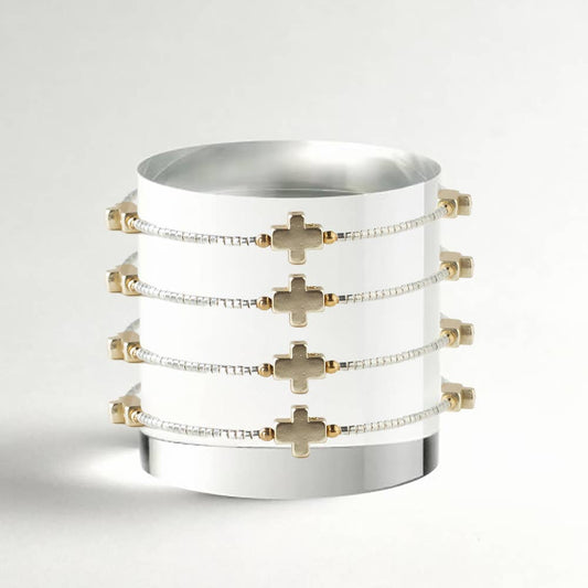 Faithful Beaded Cross Bangle w/ Matte Gold Crosses-Silver