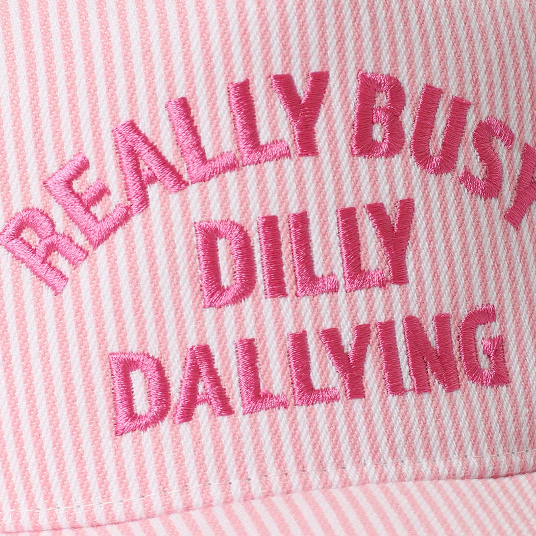 REALLY BUSY DILLY DALLYING Embroidered Seersucker Stripe Hat Pink
