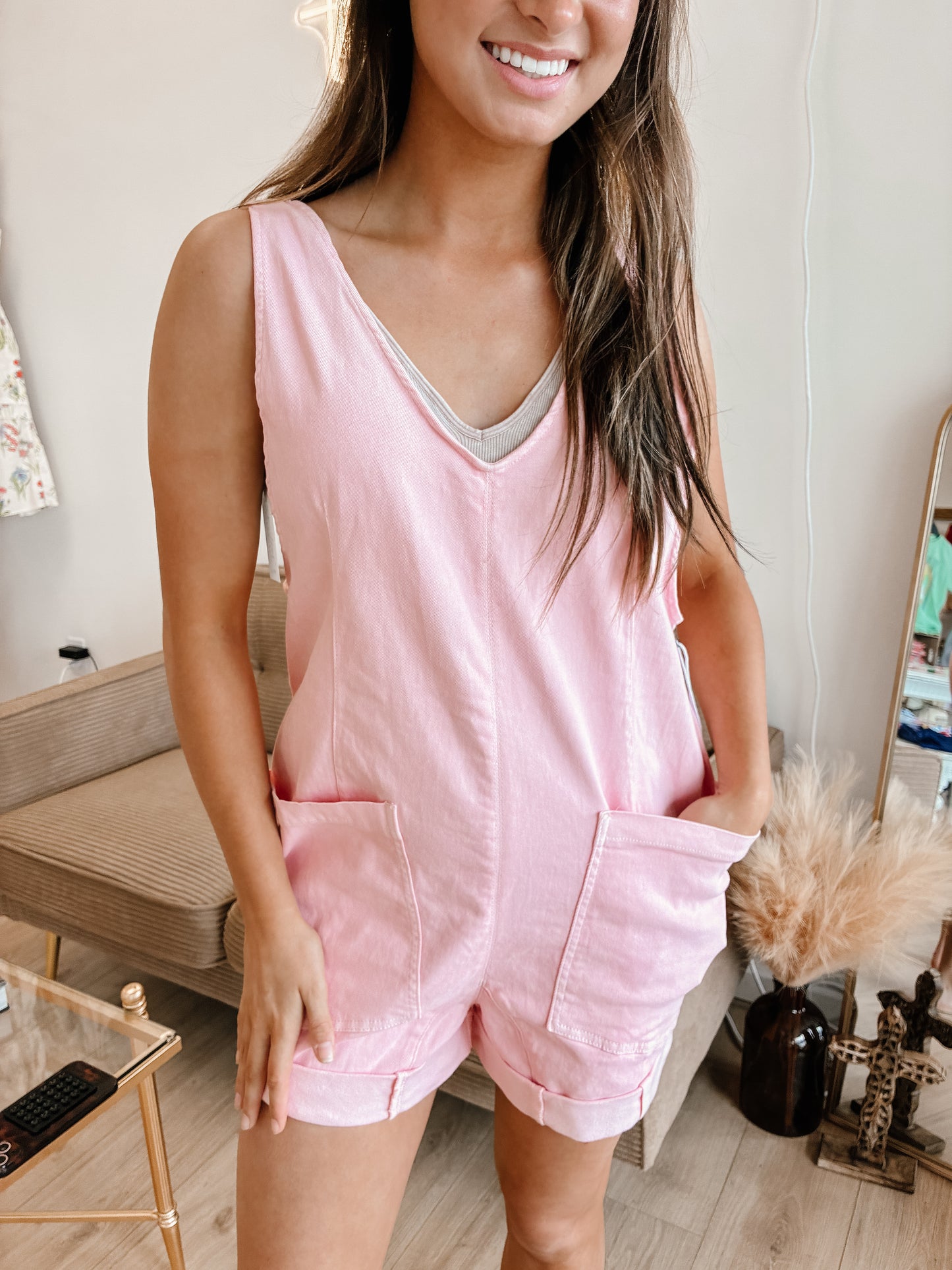 Washed Adjustable Strap Romper Denim With Pocket