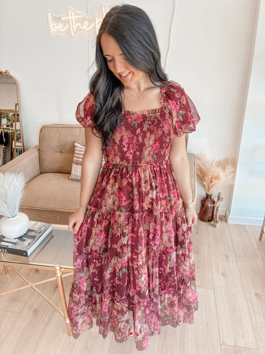 Autumn Amber Midi Dress - Burg.