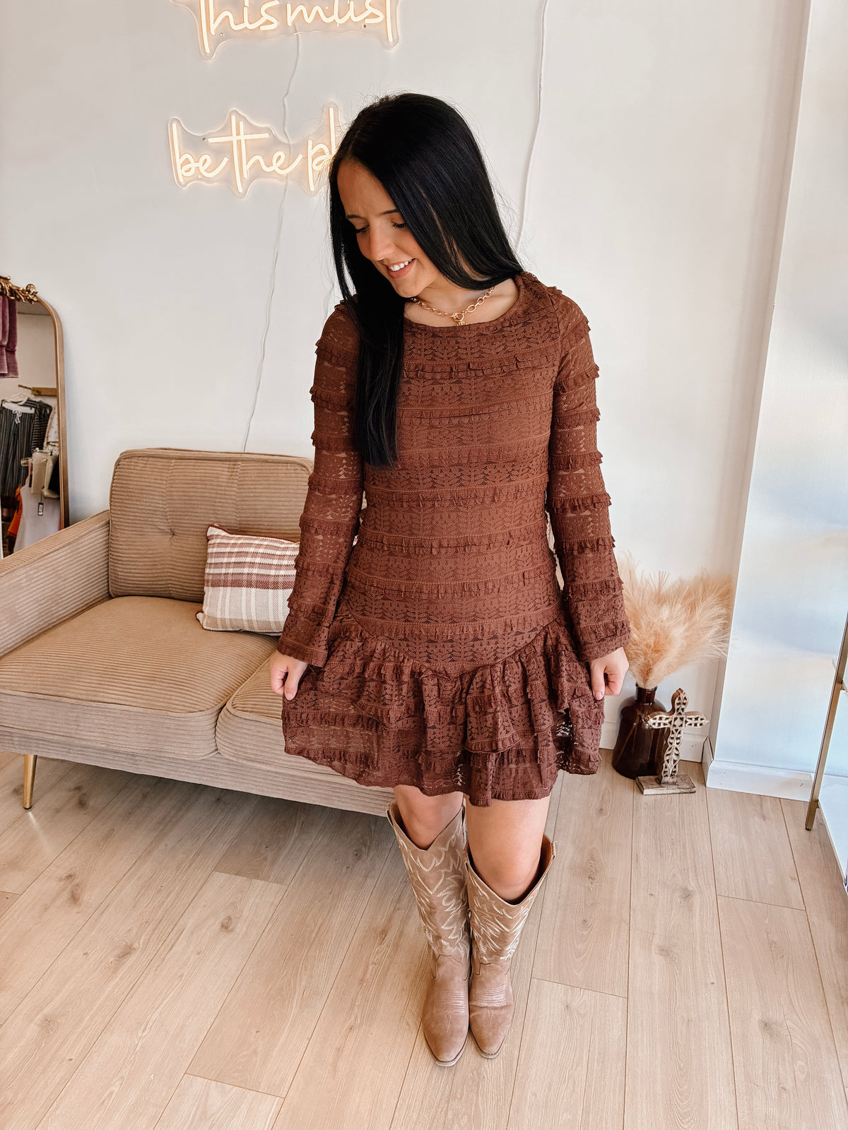 October Evening Lace Mini Dress - Choco.