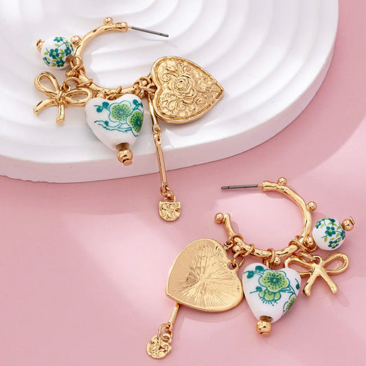 Chinoiserie Heart Charm Hoop Earrings