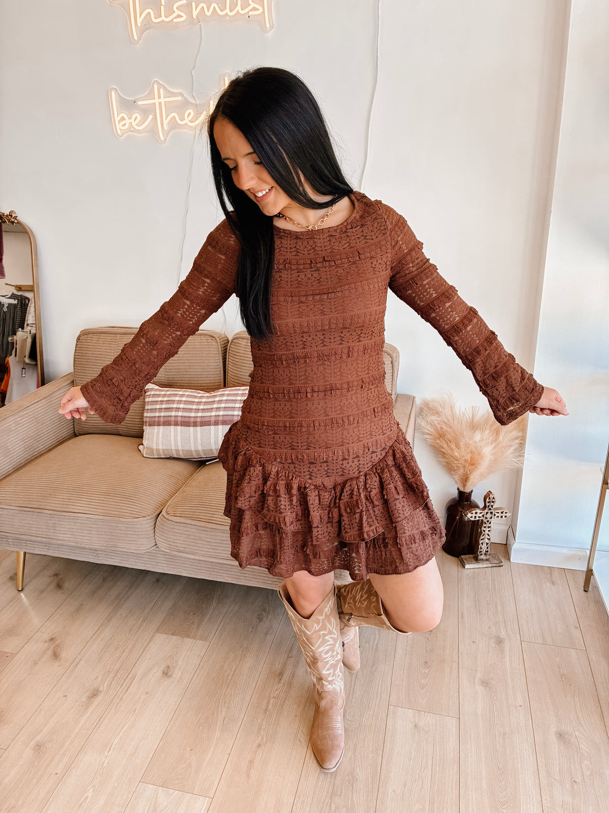 October Evening Lace Mini Dress - Choco.