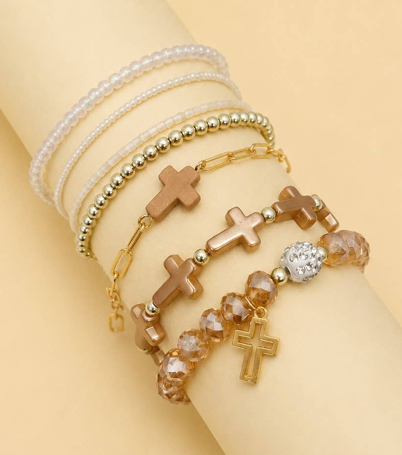 Cross Charm Beaded Bracelet Set