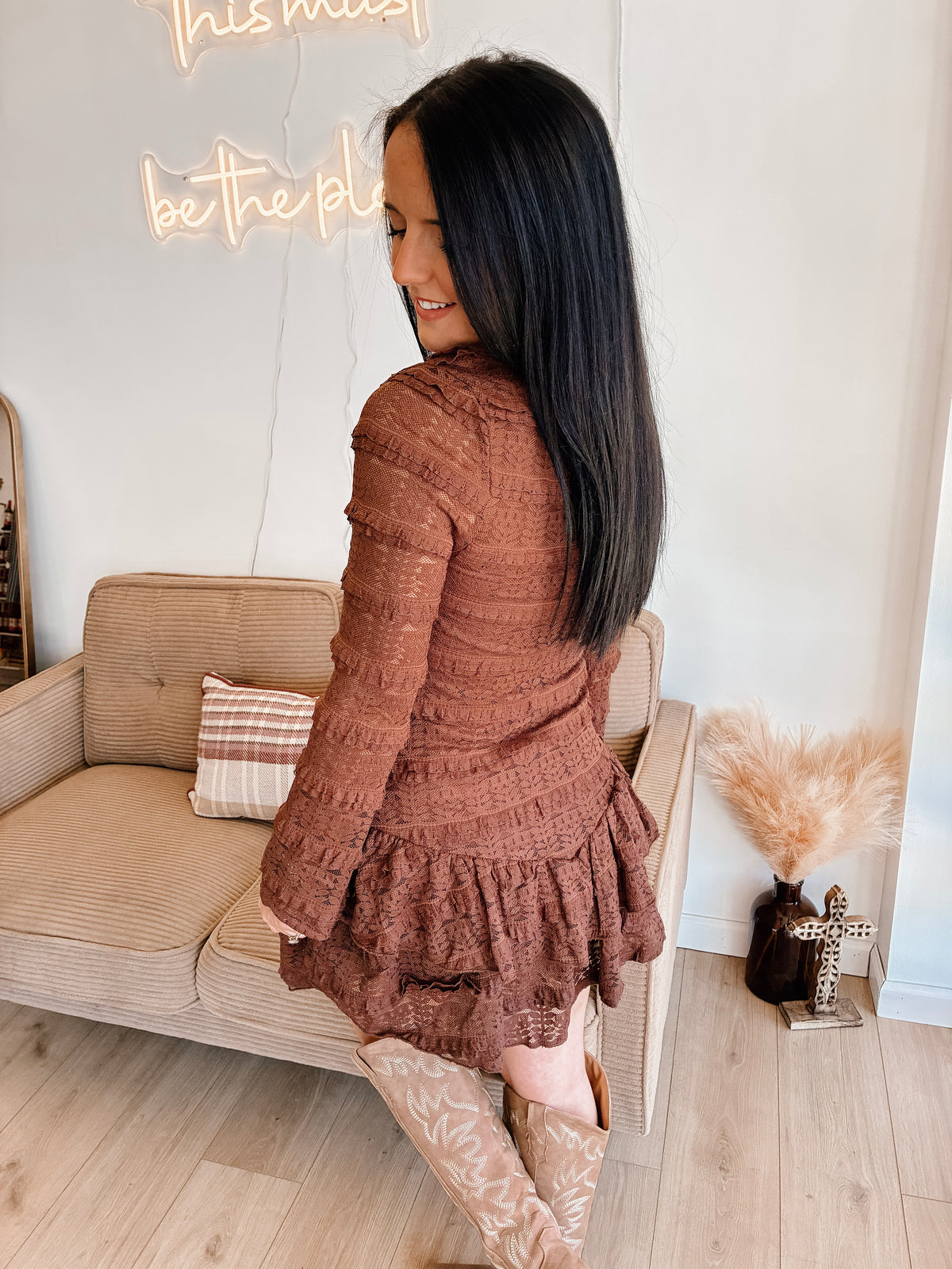 October Evening Lace Mini Dress - Choco.