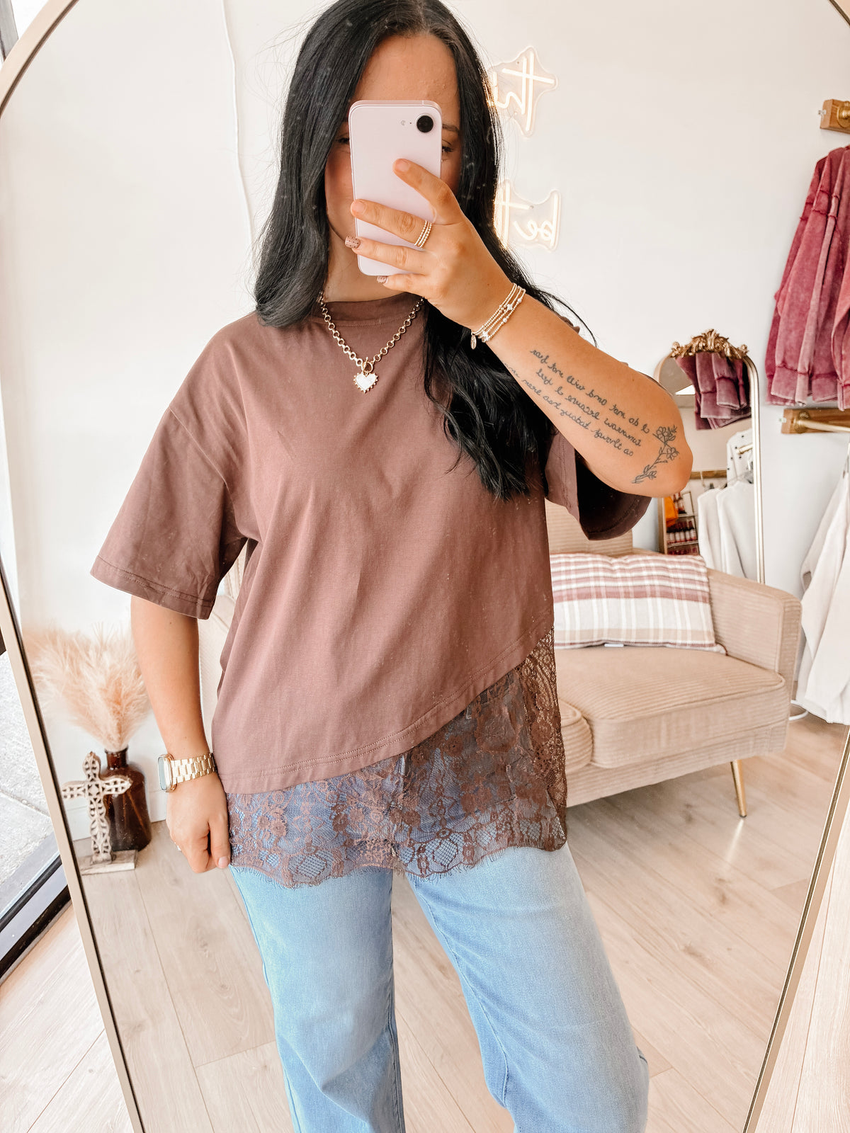 Sittin' Pretty Asymmetrical Lace Top - Choc.